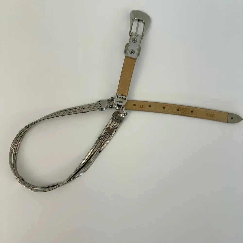 Cache Metallic Silver Leather and Stretch Chain Belt Size M 9705